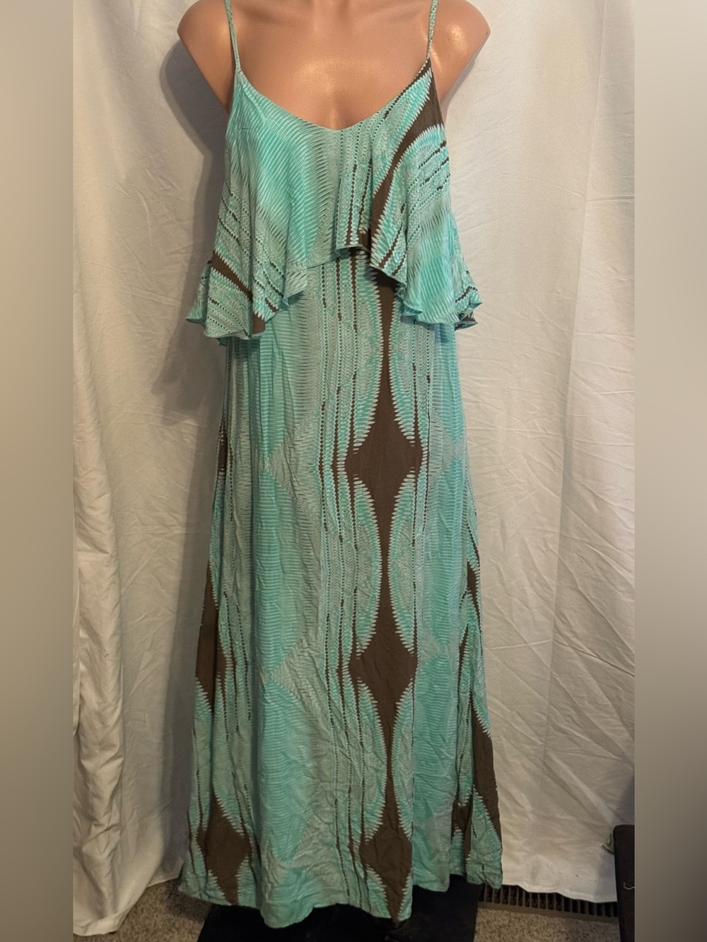 Sleeveless Aqua and Brown Maxi Dress with Ruffle Bodice